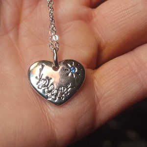 Silver heart pendant birthstone necklace, faux blue topaz stone.